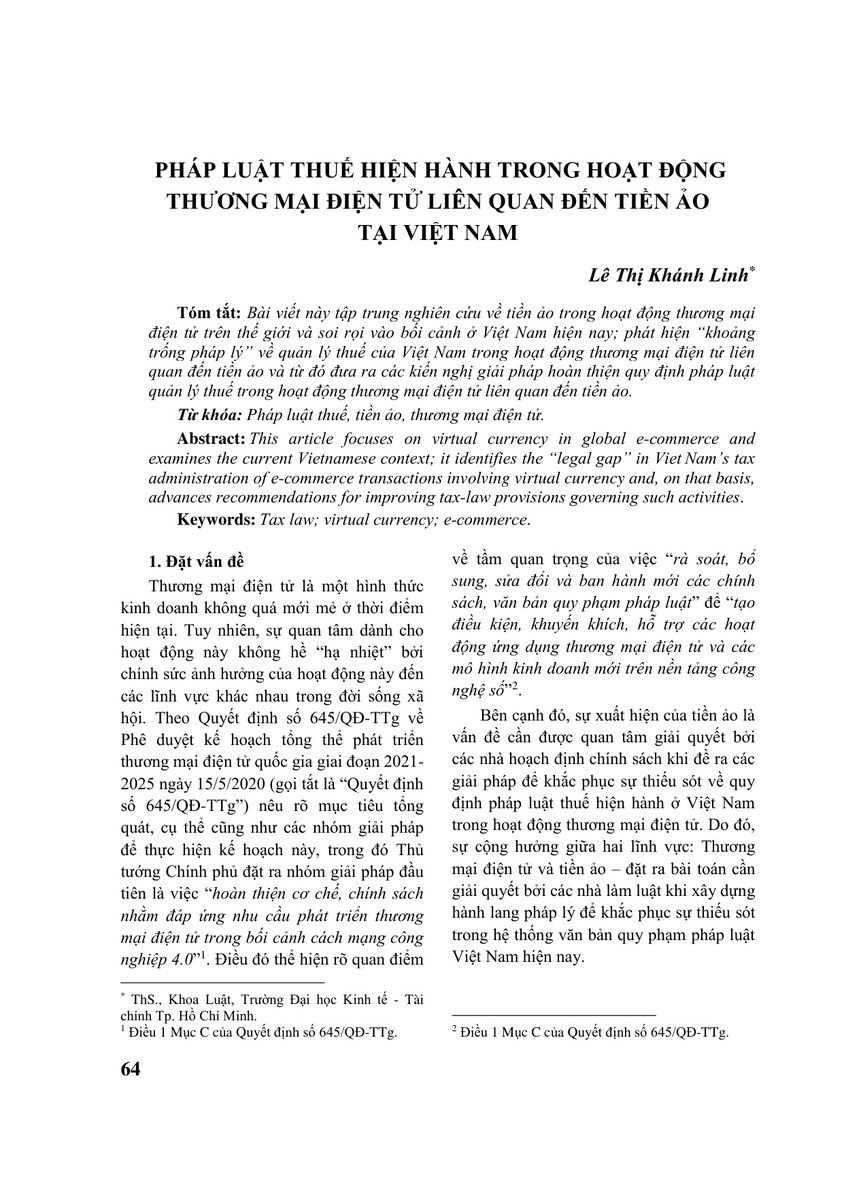 PHÁP LUẬT THUẾ HIỆN HÀNH TRONG HOẠT ĐỘNG THƯƠNG MẠI ĐIỆN TỬ LIÊN QUAN ĐẾN TIỀN ẢO TẠI VIỆT NAM
