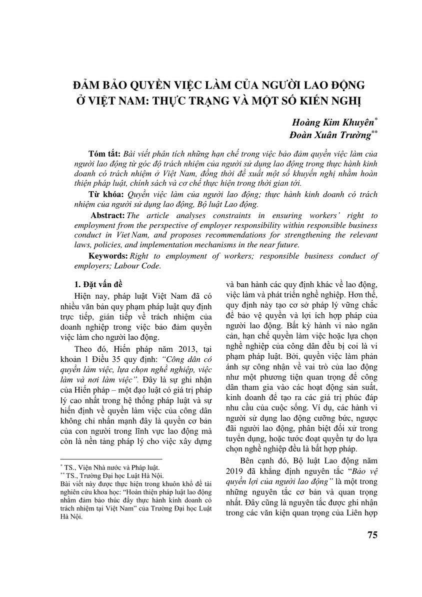 ĐAM BAO QUYÊN VIÊC LAM CUA NGƯƠI LAO ĐÔNG Ơ VIÊT NAM: THƯC TRANG VA MÔT SÔ KIÊN NGHỊ