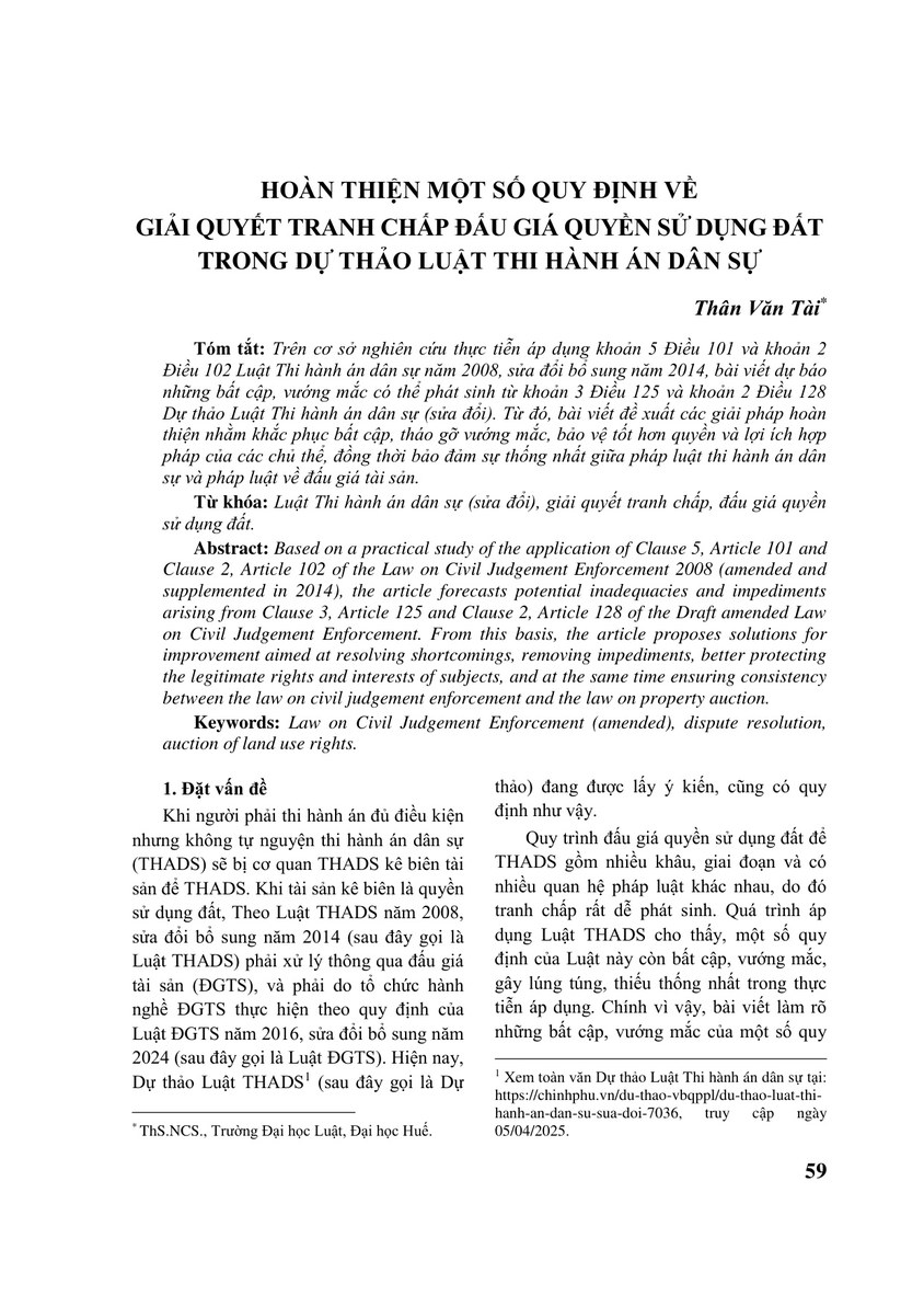 HOÀN THIỆN MỘT SỐ QUY ĐỊNH VỀ GIẢI QUYẾT TRANH CHẤP ĐẤU GIÁ QUYỀN SỬ DỤNG ĐẤT TRONG DỰ THẢO LUẬT THI HÀNH ÁN DÂN SỰ